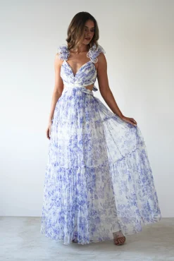 Hot Lauren Floral Tulle Maxi Dress | Blue/White Lange Kleider|Maxikleider