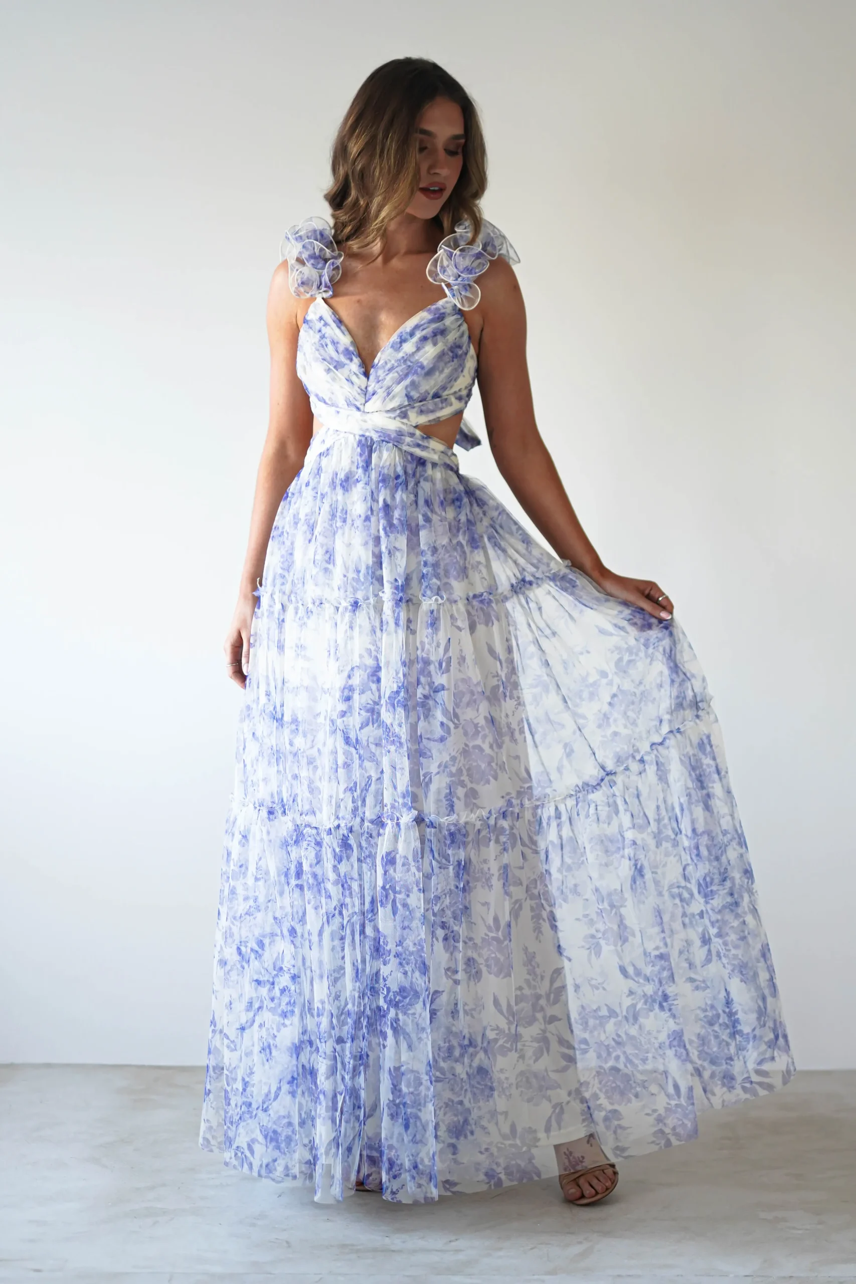 Hot Lauren Floral Tulle Maxi Dress | Blue/White Lange Kleider|Maxikleider