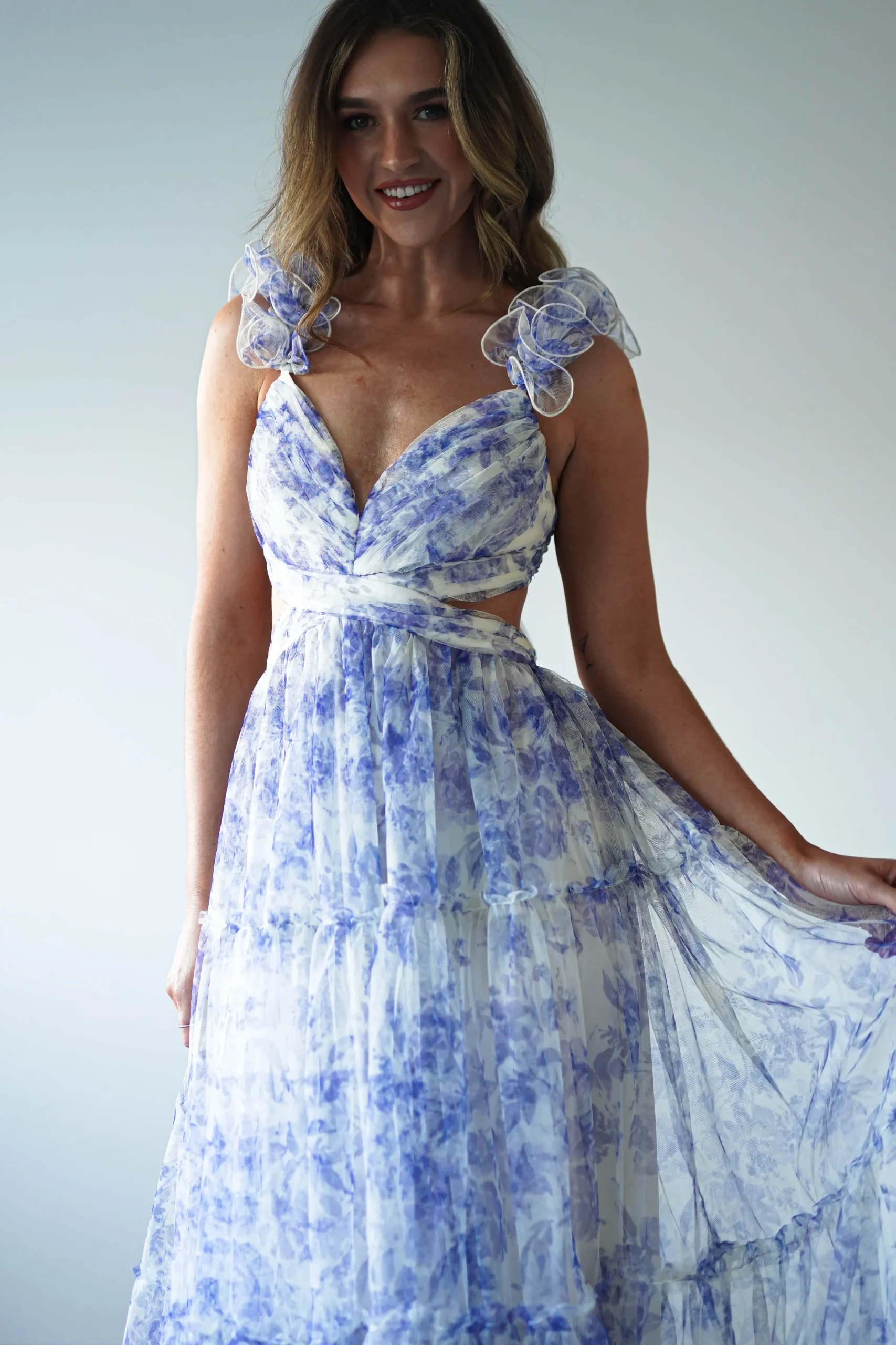 Hot Lauren Floral Tulle Maxi Dress | Blue/White Lange Kleider|Maxikleider