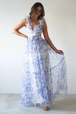 Hot Lauren Floral Tulle Maxi Dress | Blue/White Lange Kleider|Maxikleider