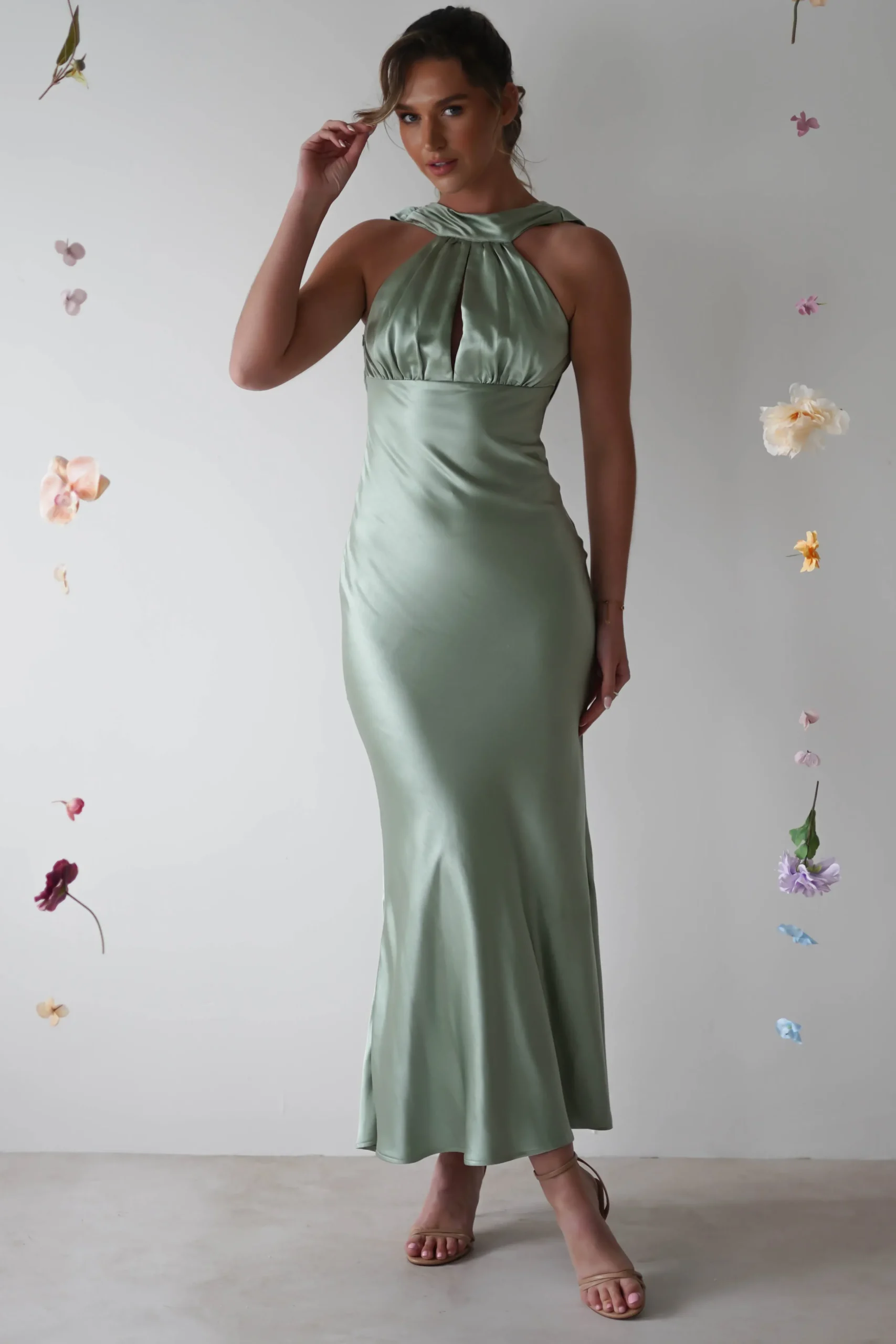 Hot Lauryn Halter Neck Maxi Dress | Sage Mittellange Kleider|Midi-kleider