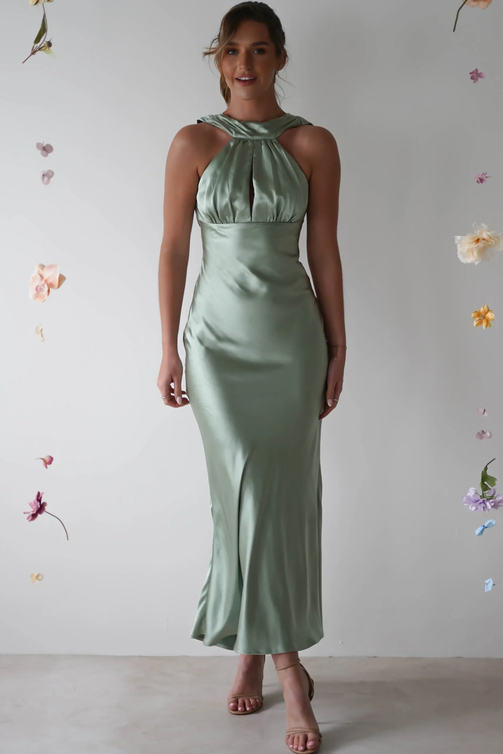Hot Lauryn Halter Neck Maxi Dress | Sage Mittellange Kleider|Midi-kleider