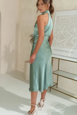 Clearance Layla Satin Print High Neck Midi Dress | Olive Mittellange Kleider|Midi-kleider