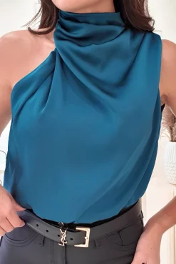 Hot Layla Soft Satin Crop Top | Teal Oberteile|Sommerkleider