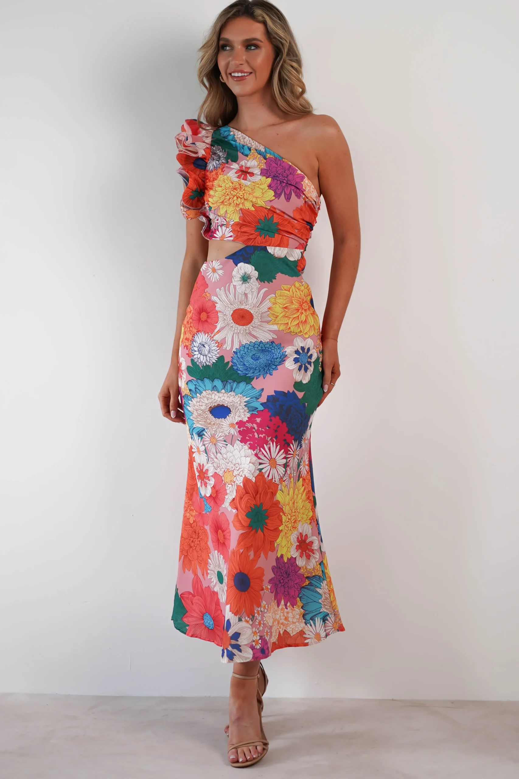 Best Logen Ruffle Sleeve Midaxi | Orange Floral Print Lange Kleider|Maxikleider