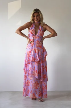 Outlet Lohan Ruffle Floral Maxi Print Dress | Lilac Lange Kleider|Maxikleider