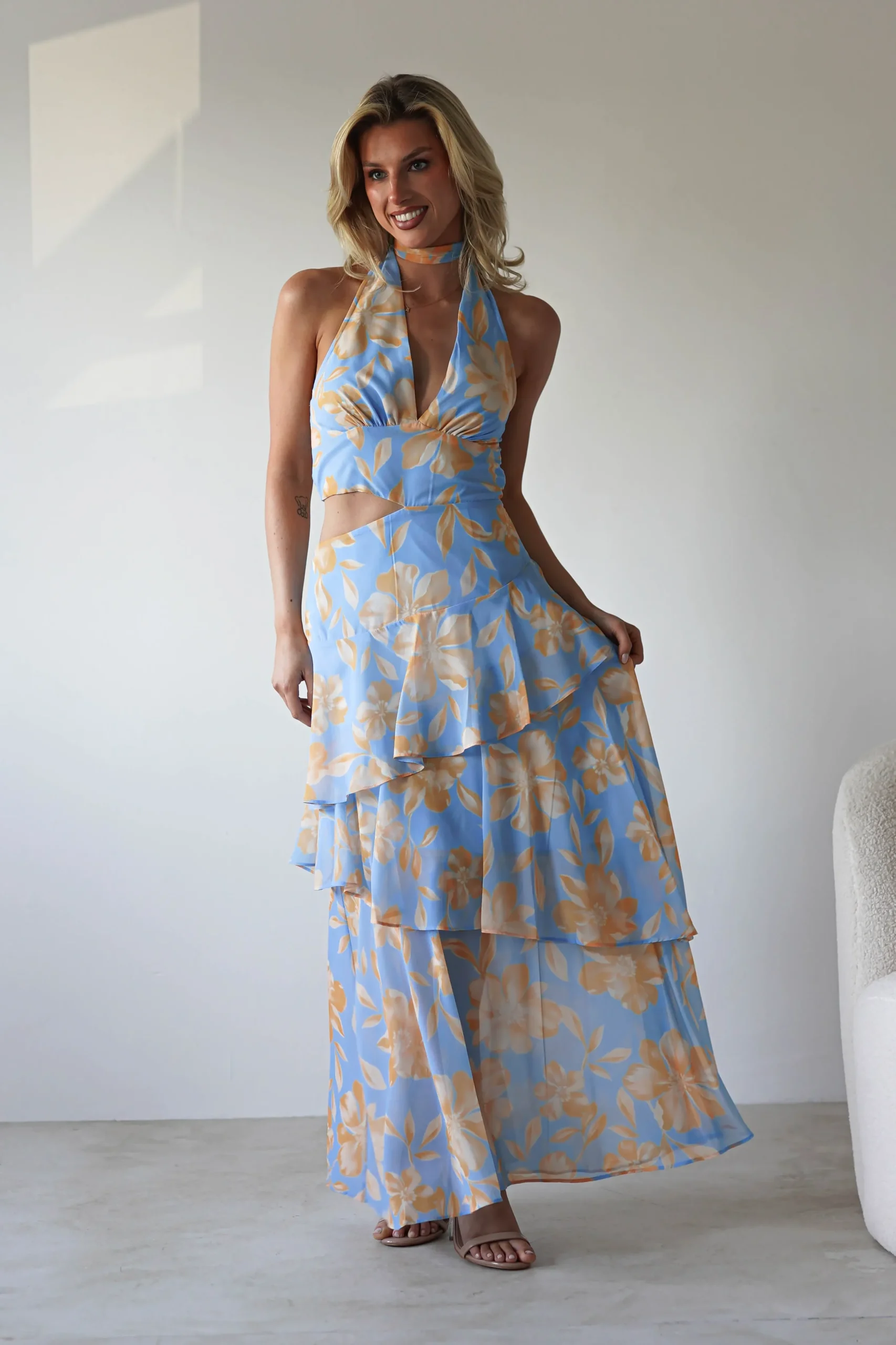 Hot Lohan Ruffle Floral Maxi Print Dress | Blue Lange Kleider|Maxikleider