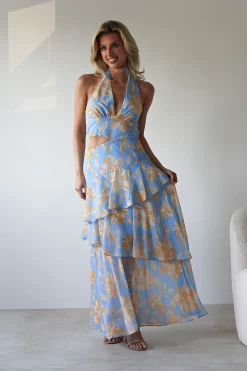 Hot Lohan Ruffle Floral Maxi Print Dress | Blue Lange Kleider|Maxikleider