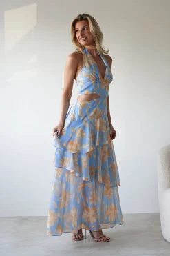 Hot Lohan Ruffle Floral Maxi Print Dress | Blue Lange Kleider|Maxikleider