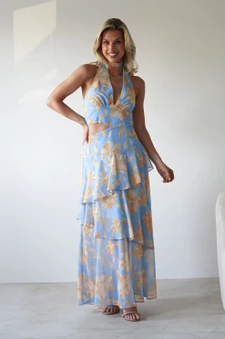 Hot Lohan Ruffle Floral Maxi Print Dress | Blue Lange Kleider|Maxikleider