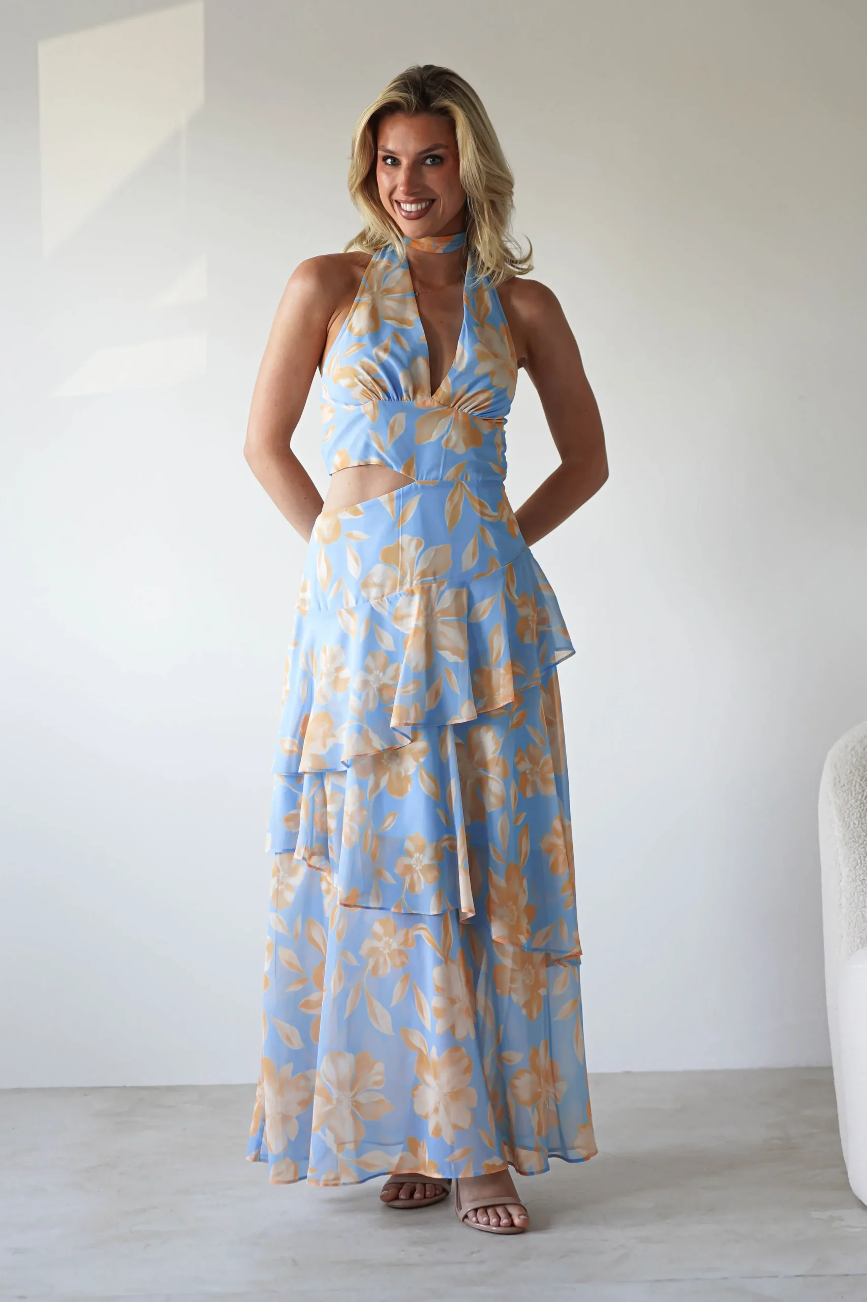 Hot Lohan Ruffle Floral Maxi Print Dress | Blue Lange Kleider|Maxikleider