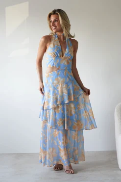 Hot Lohan Ruffle Floral Maxi Print Dress | Blue Lange Kleider|Maxikleider