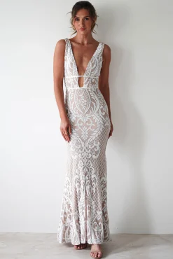 Discount Lorenza Plunge Sequin Gown | Nude/White Lange Kleider|Maxikleider