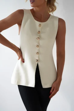 Clearance Louella Gold Button Waistcoat Top | Cream Oberteile|Strickwaren