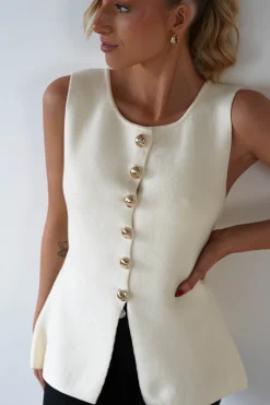 Clearance Louella Gold Button Waistcoat Top | Cream Oberteile|Strickwaren