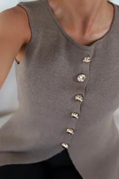 Hot Louella Gold Button Waistcoat Top | Brown Oberteile|Strickwaren