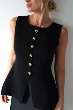 Hot Louella Gold Button Waistcoat Top | Black Oberteile|Strickwaren