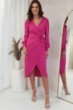 New Louise Wrap Satin Midi Dress | Hot Pink Mittellange Kleider|Midi-kleider