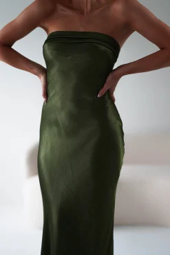 Outlet Lucia Soft Satin Slip Midi Dress | Olive Mittellange Kleider|Midi-kleider