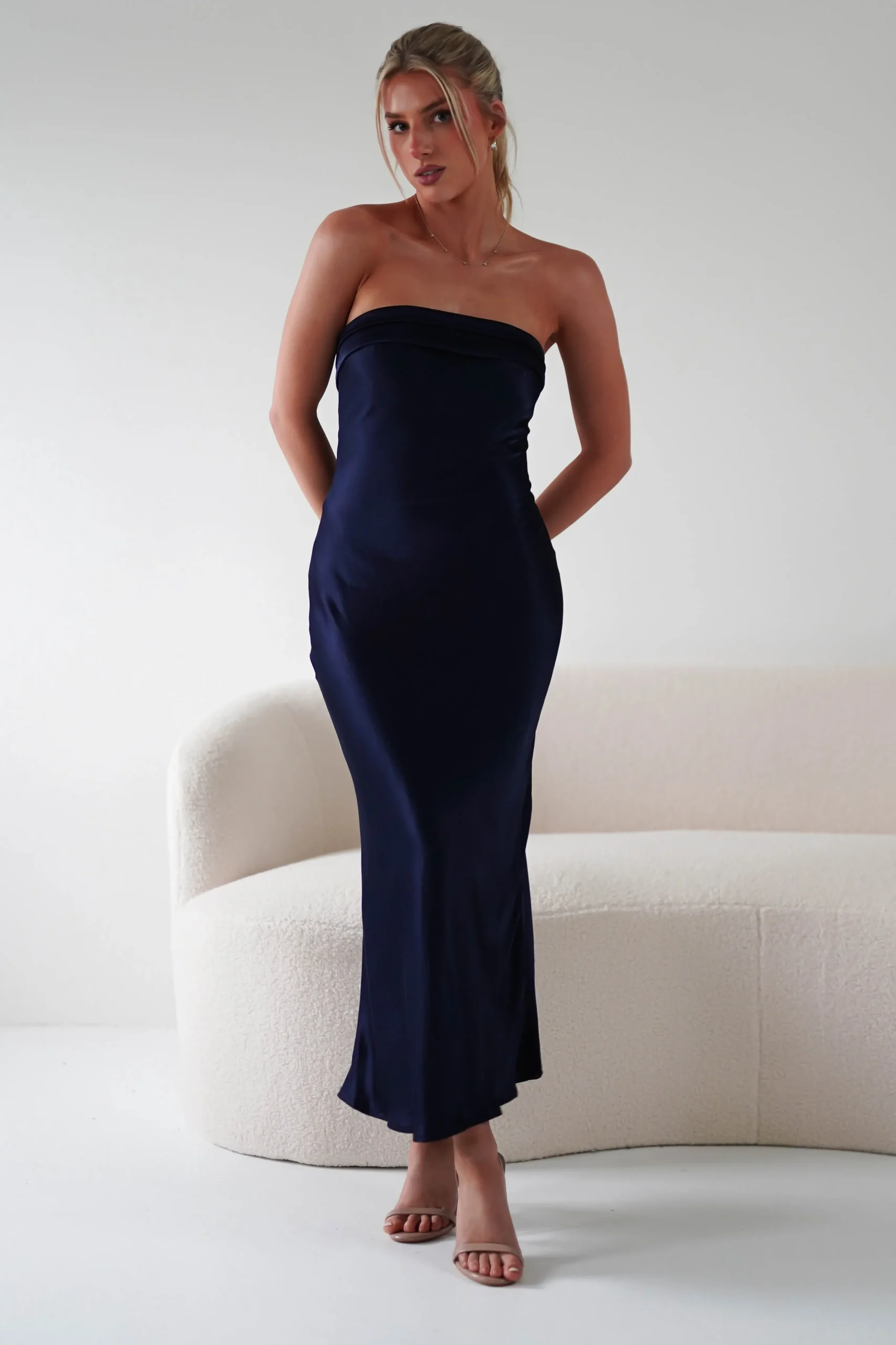 New Lucia Soft Satin Slip Midi Dress | Navy Mittellange Kleider|Midi-kleider