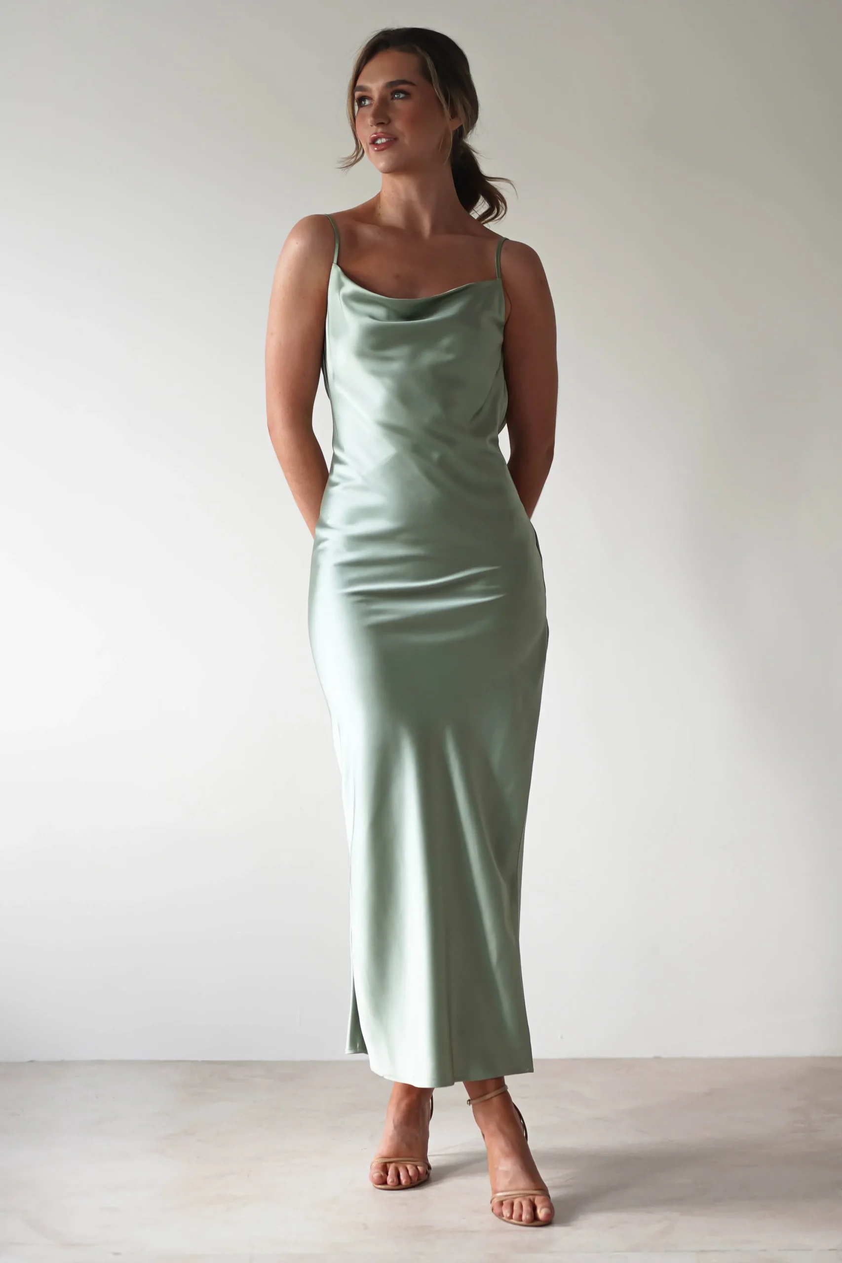 New Luiza Low Back Satin Maxi Dress | Sage Lange Kleider|Maxikleider