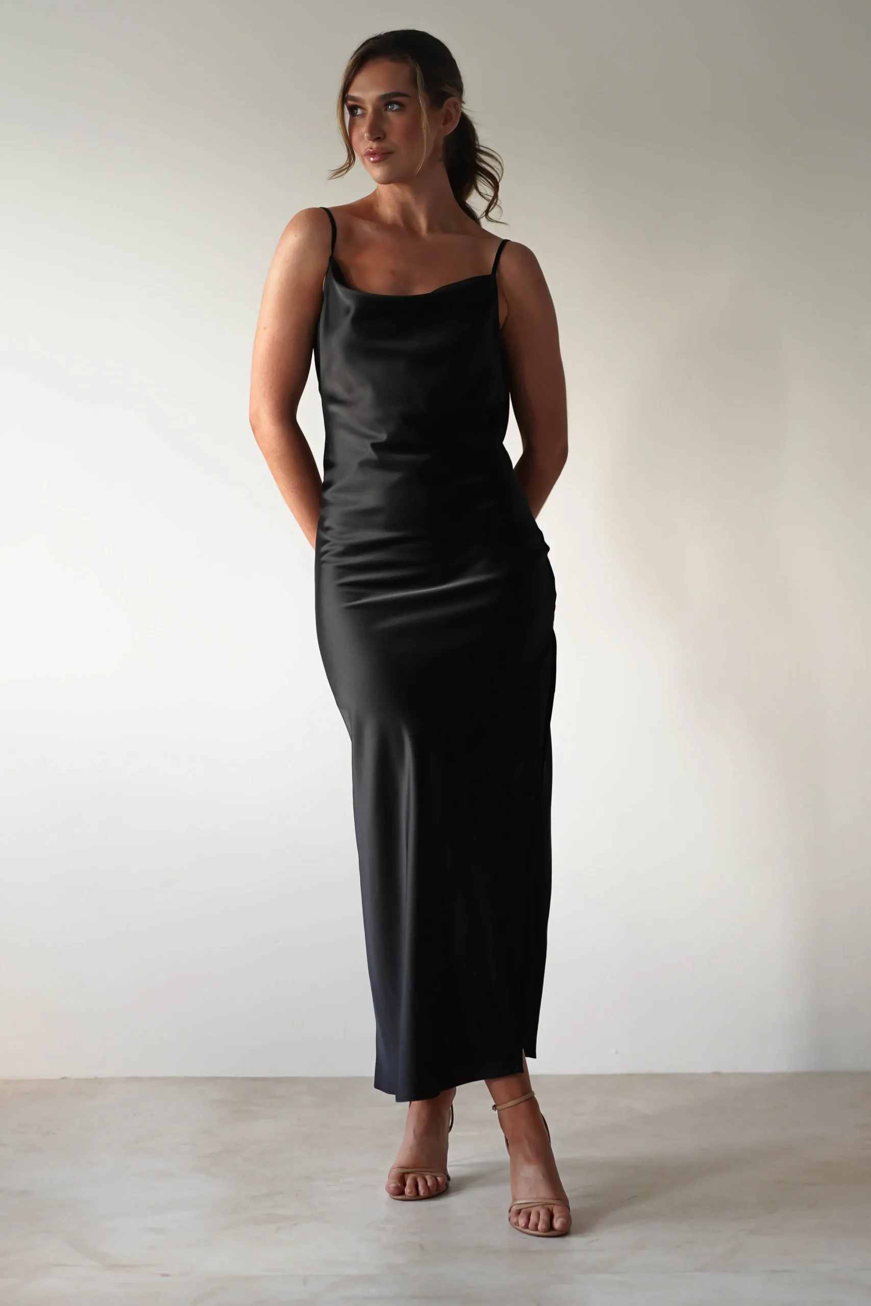 Hot Luiza Low Back Satin Maxi Dress | Black Lange Kleider|Maxikleider