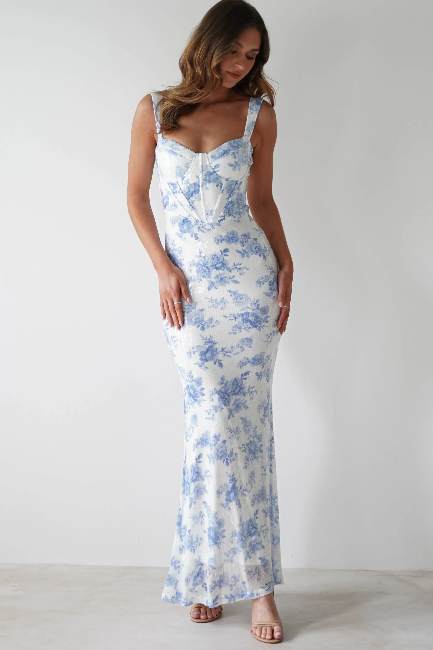 Best Lynelle Floral Sequin Maxi Dress | Blue/White Lange Kleider|Maxikleider
