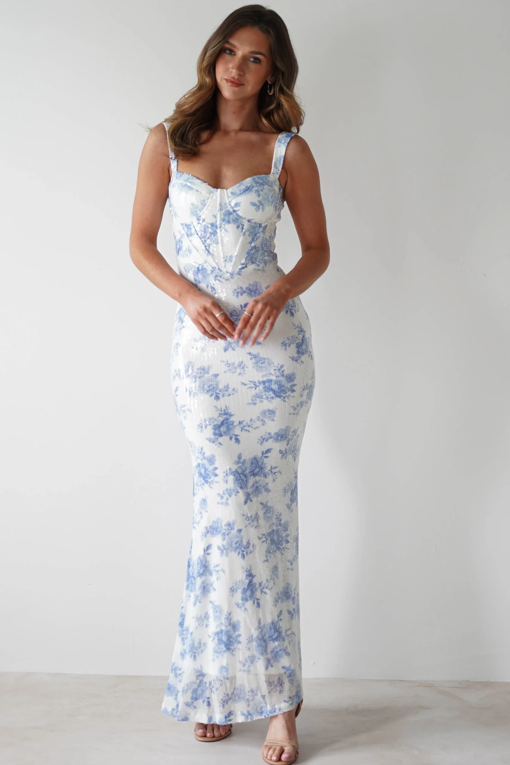 Best Lynelle Floral Sequin Maxi Dress | Blue/White Lange Kleider|Maxikleider