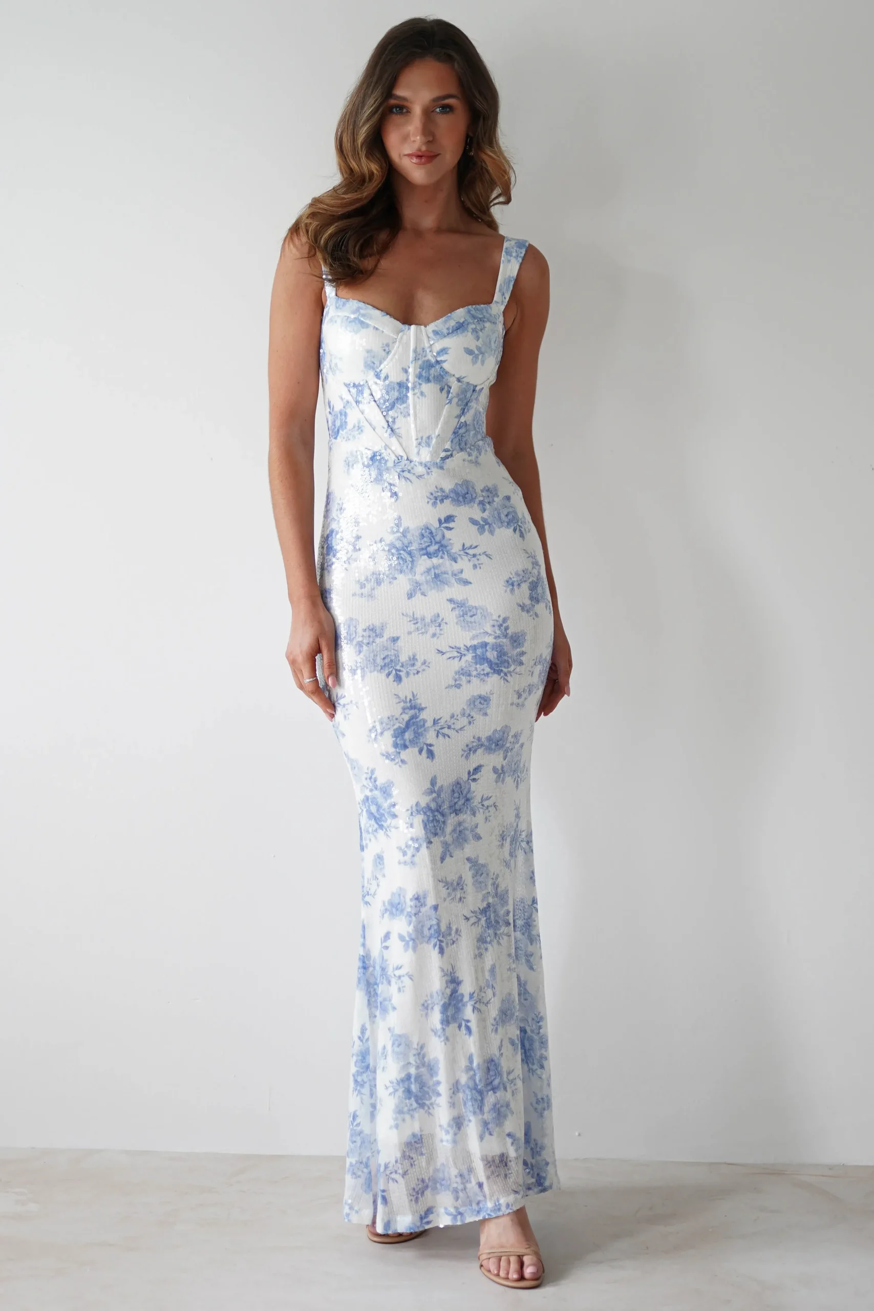 Best Lynelle Floral Sequin Maxi Dress | Blue/White Lange Kleider|Maxikleider