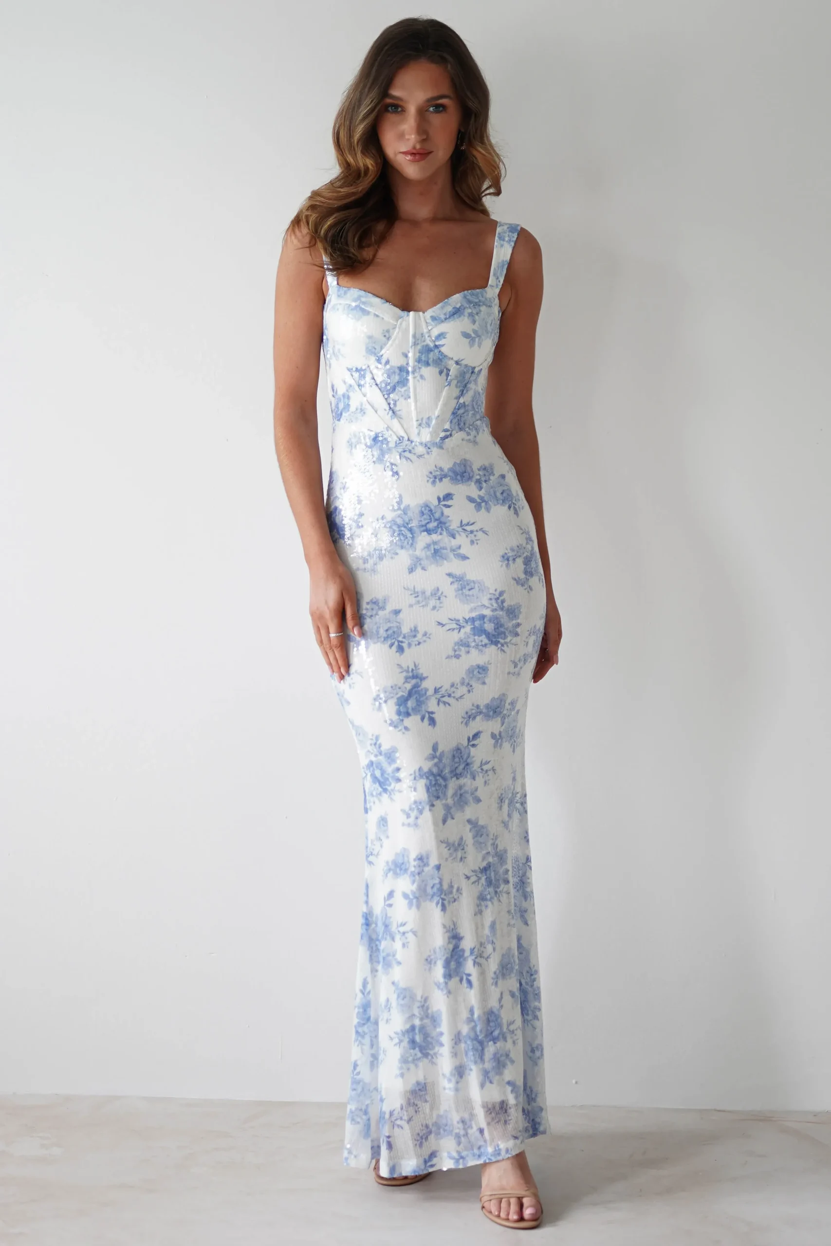 Best Lynelle Floral Sequin Maxi Dress | Blue/White Lange Kleider|Maxikleider