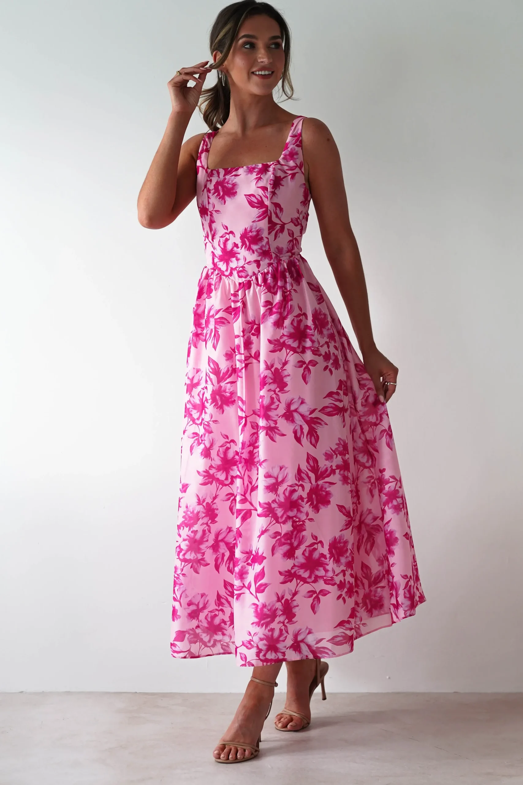 Discount Maisie Floral Skater Maxi Dress | Pink Lange Kleider|Maxikleider