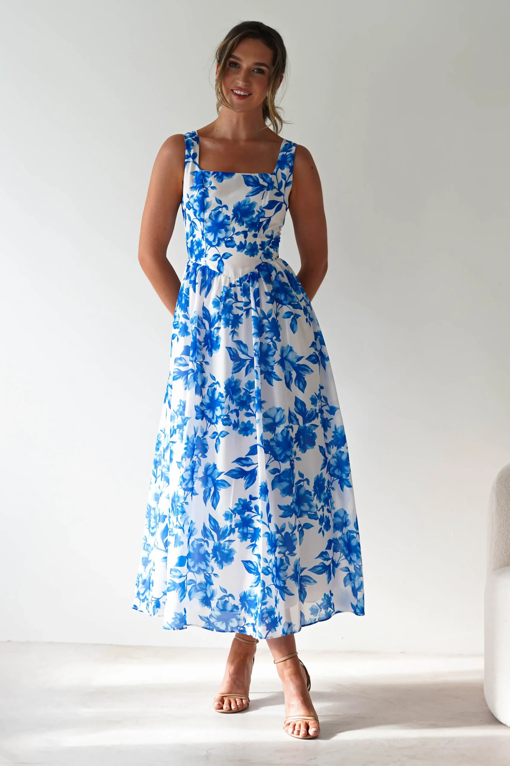Online Maisie Floral Skater Maxi Dress | Blue Lange Kleider|Maxikleider