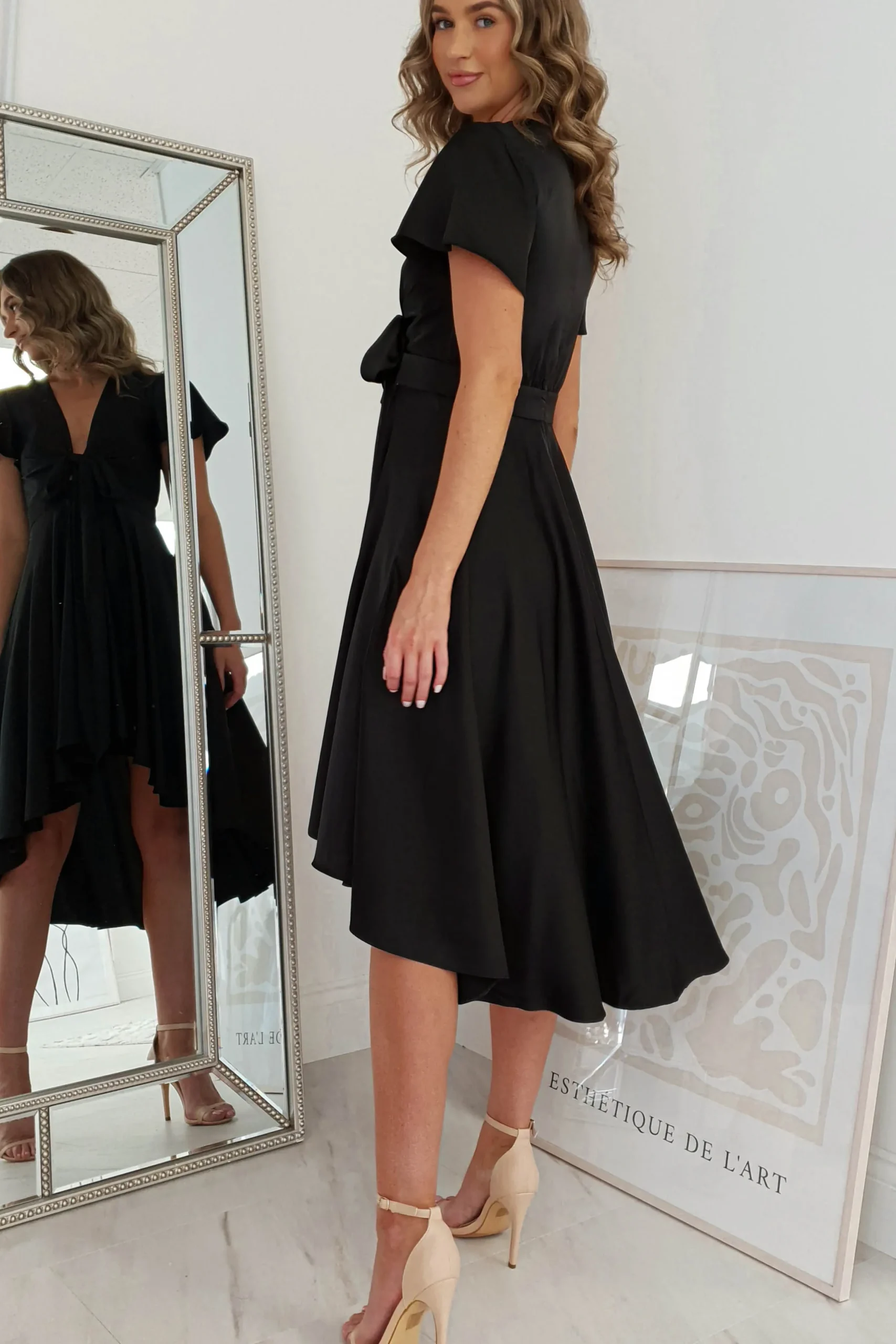 Online Maleri Satin Midi Dress | Black Mittellange Kleider|Midi-kleider