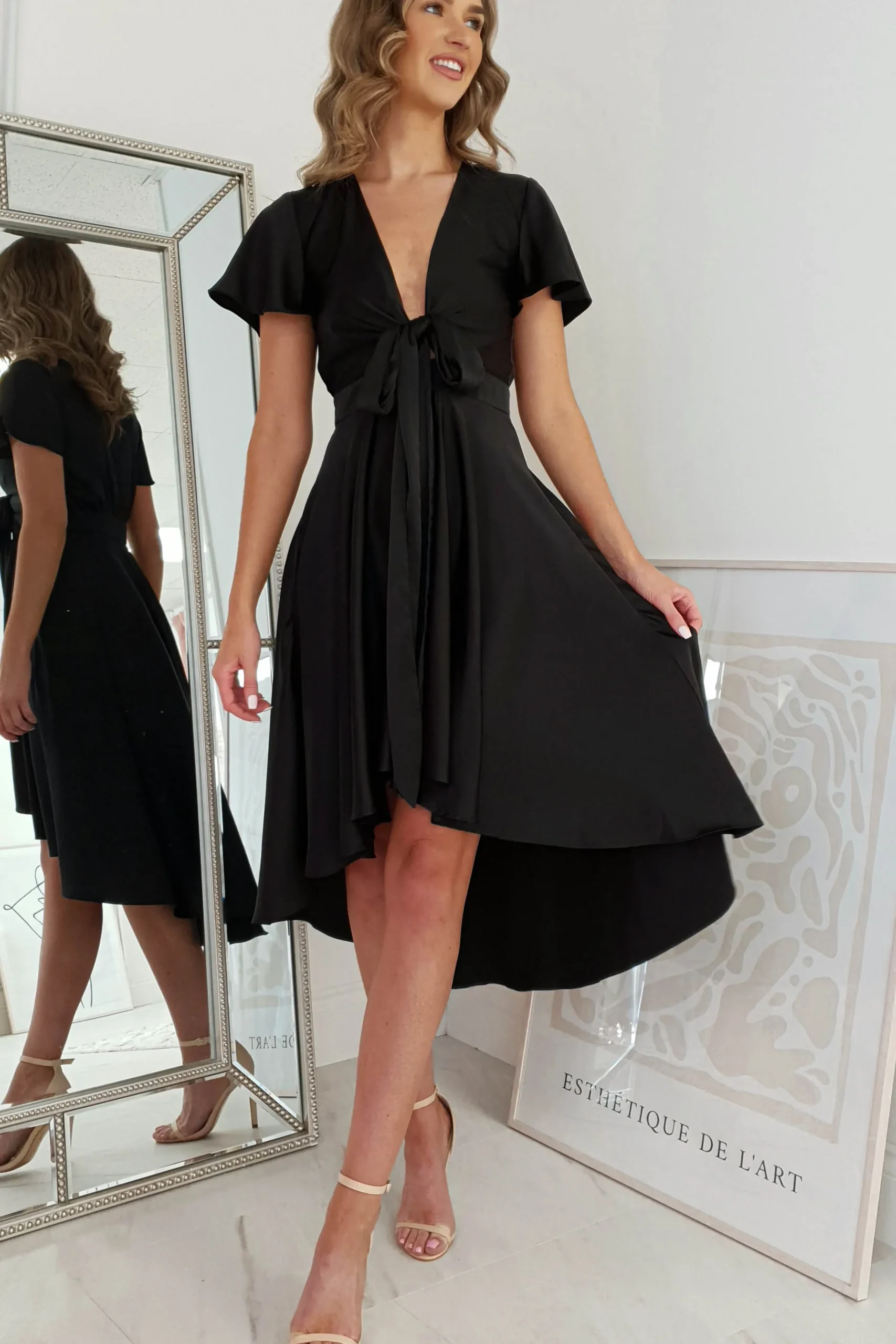 Online Maleri Satin Midi Dress | Black Mittellange Kleider|Midi-kleider