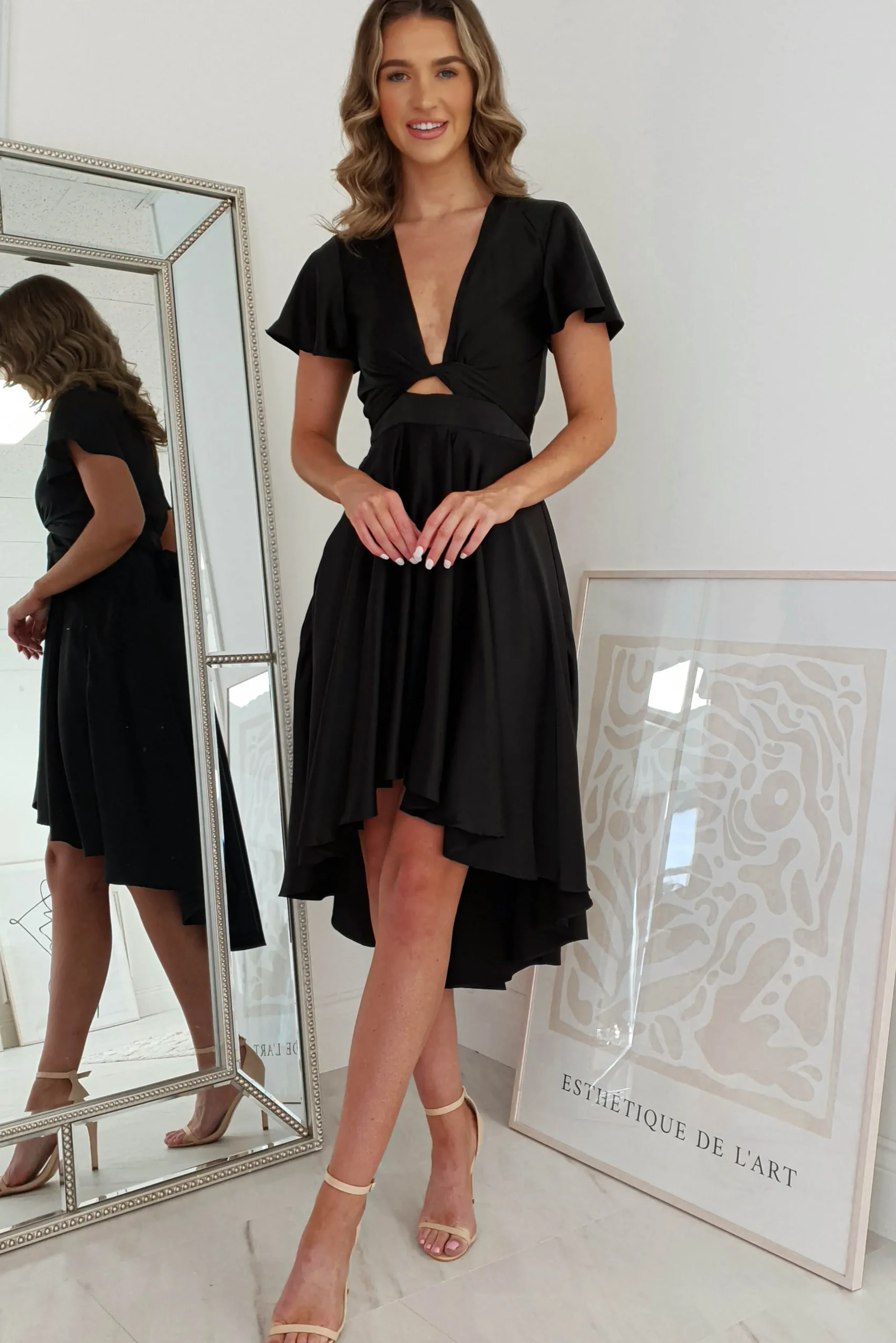 Online Maleri Satin Midi Dress | Black Mittellange Kleider|Midi-kleider