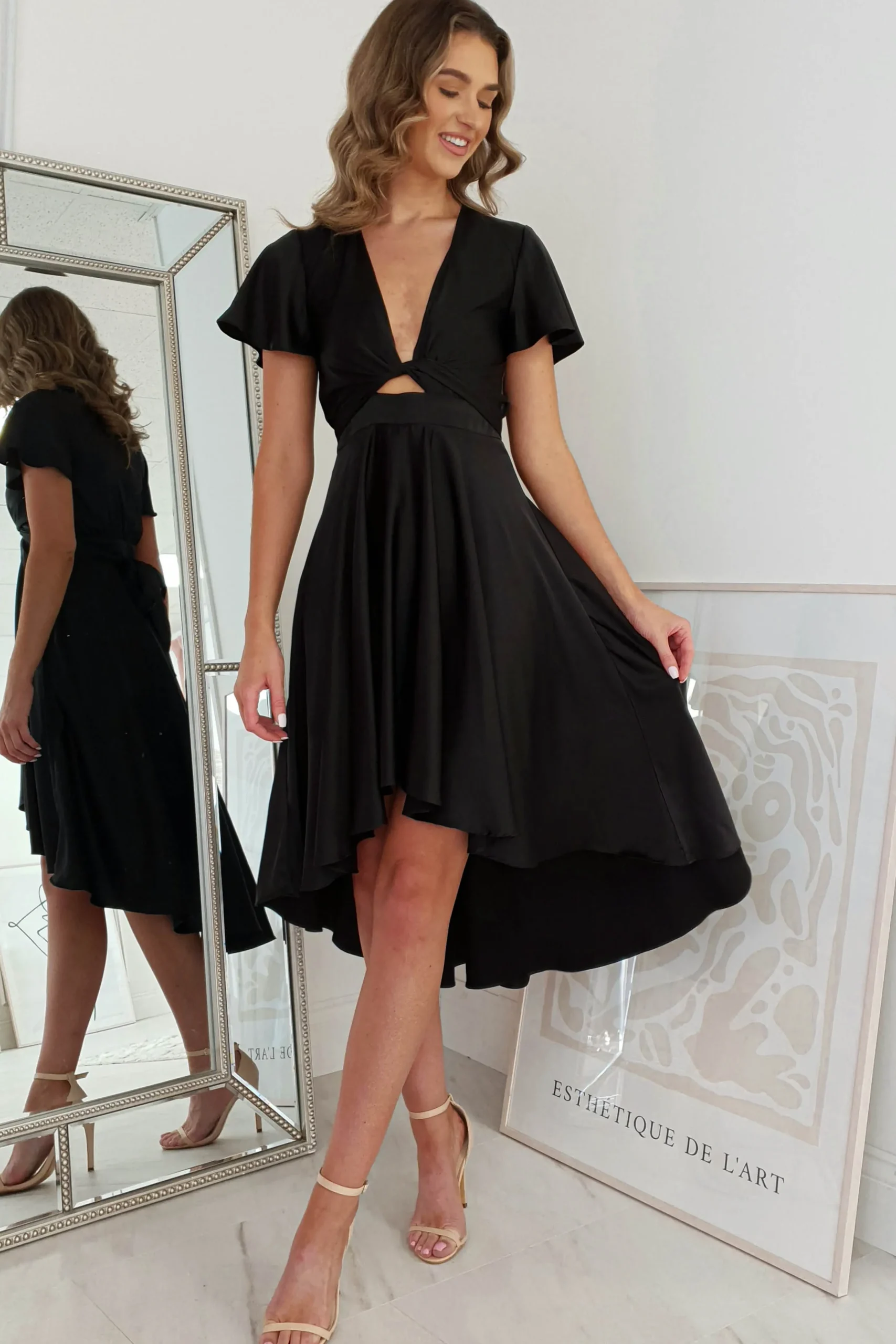 Online Maleri Satin Midi Dress | Black Mittellange Kleider|Midi-kleider