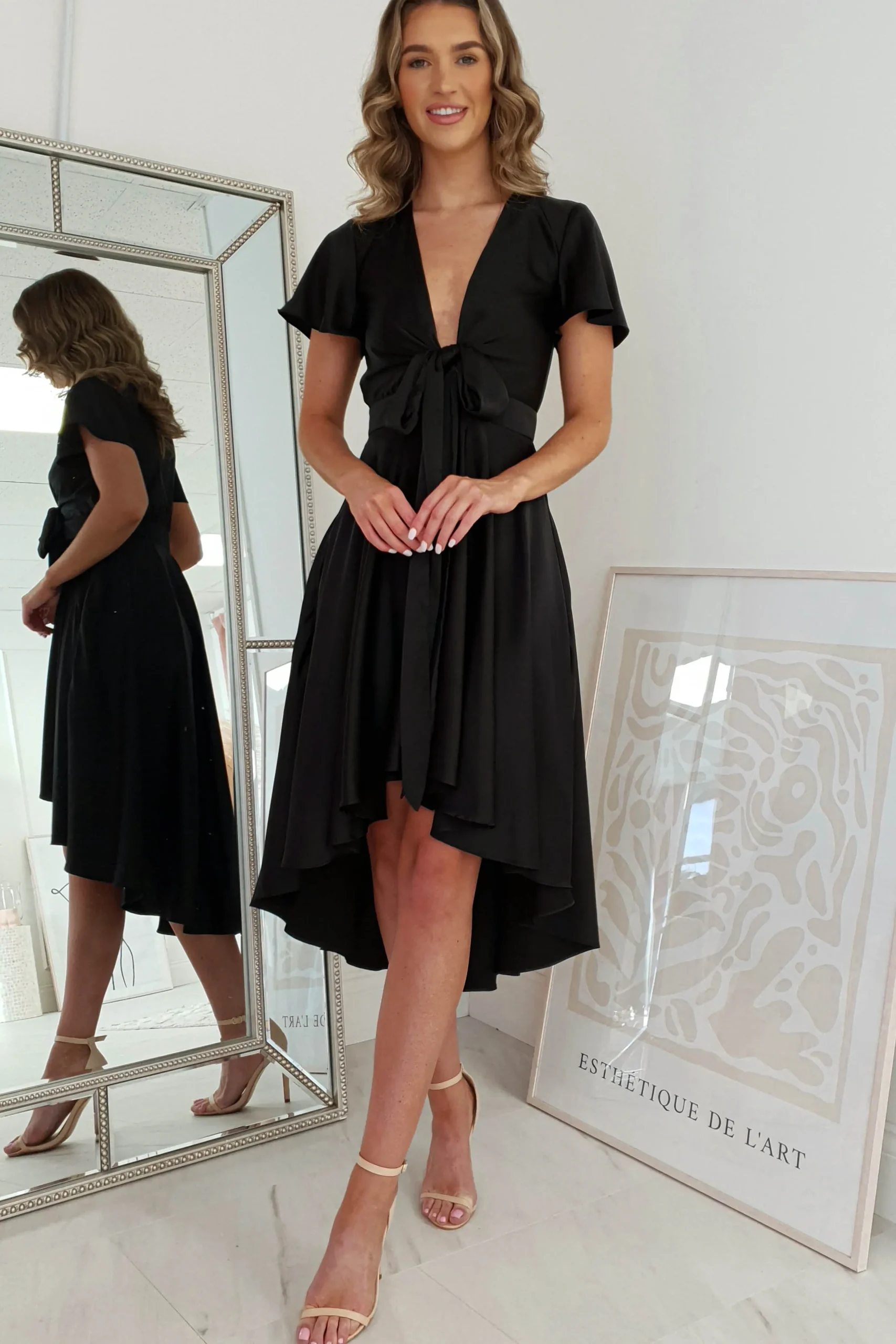 Online Maleri Satin Midi Dress | Black Mittellange Kleider|Midi-kleider