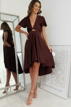 Hot Maleri Satin Midi Dress | Chocolate Mittellange Kleider|Midi-kleider