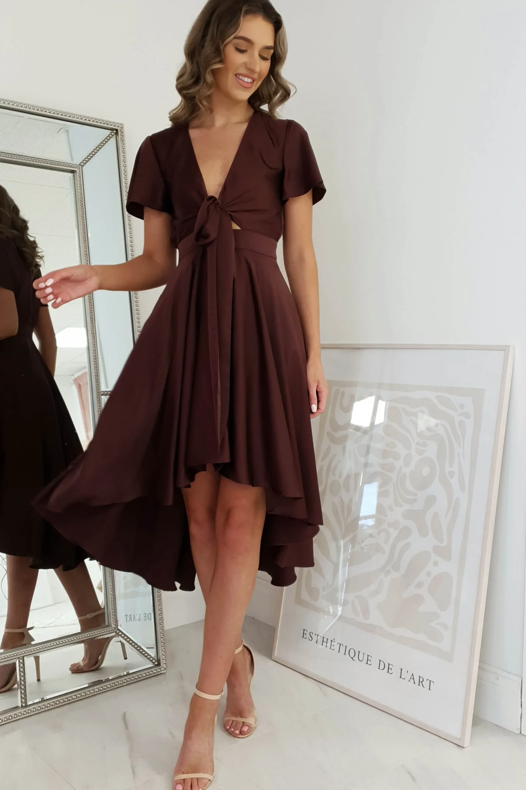 Hot Maleri Satin Midi Dress | Chocolate Mittellange Kleider|Midi-kleider