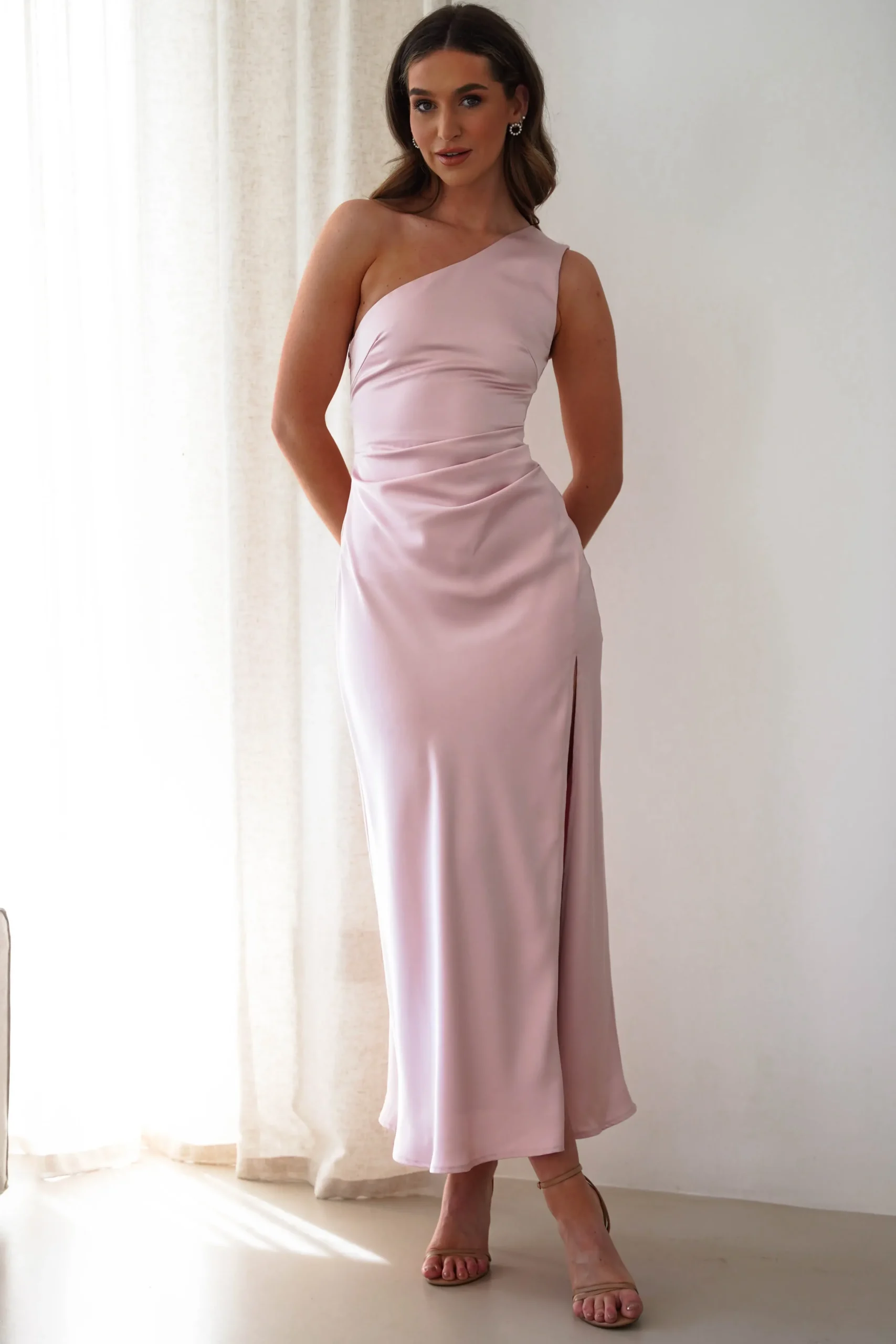 New Meera Soft Matte Satin Midaxi Dress | Blush Pink Lange Kleider|Maxikleider