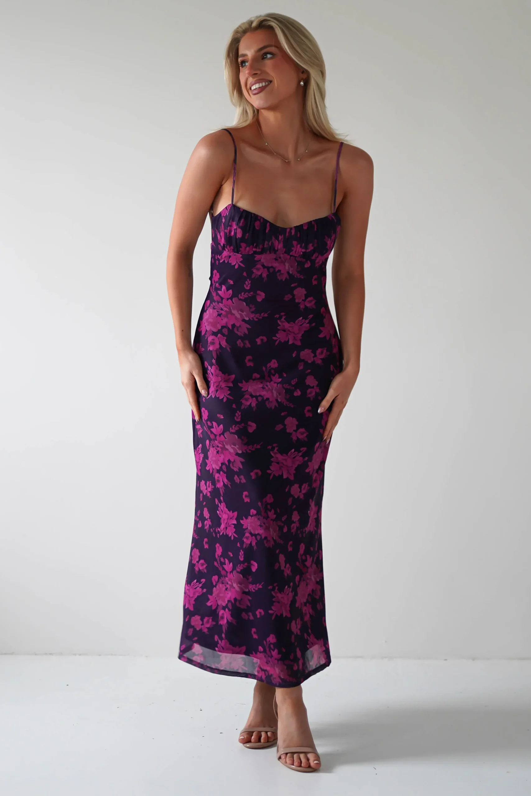 New Merlo Low Back Midaxi Dress | Grape Print Lange Kleider|Maxikleider