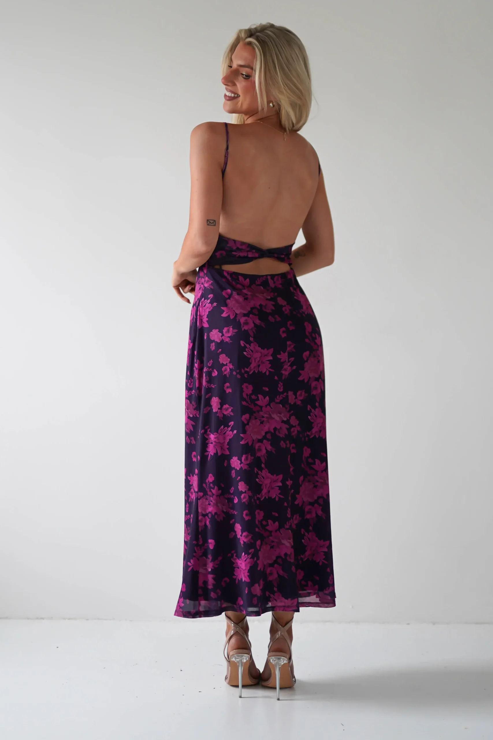 New Merlo Low Back Midaxi Dress | Grape Print Lange Kleider|Maxikleider