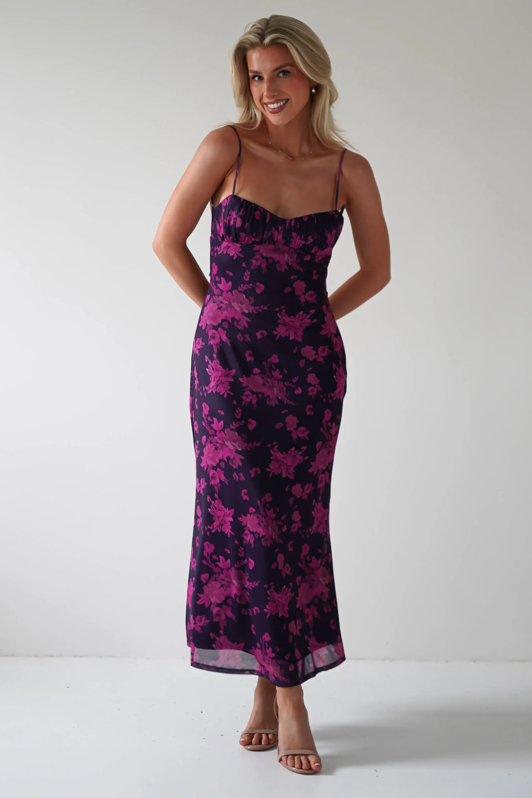 New Merlo Low Back Midaxi Dress | Grape Print Lange Kleider|Maxikleider