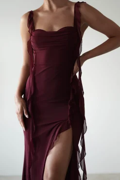 Fashion Mhissa Ruffle Maxi Dress | Burgundy Lange Kleider|Maxikleider