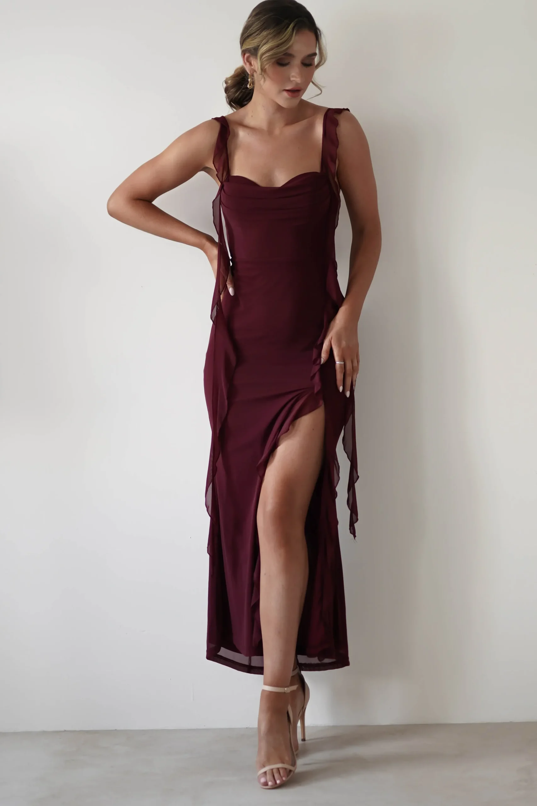 Fashion Mhissa Ruffle Maxi Dress | Burgundy Lange Kleider|Maxikleider