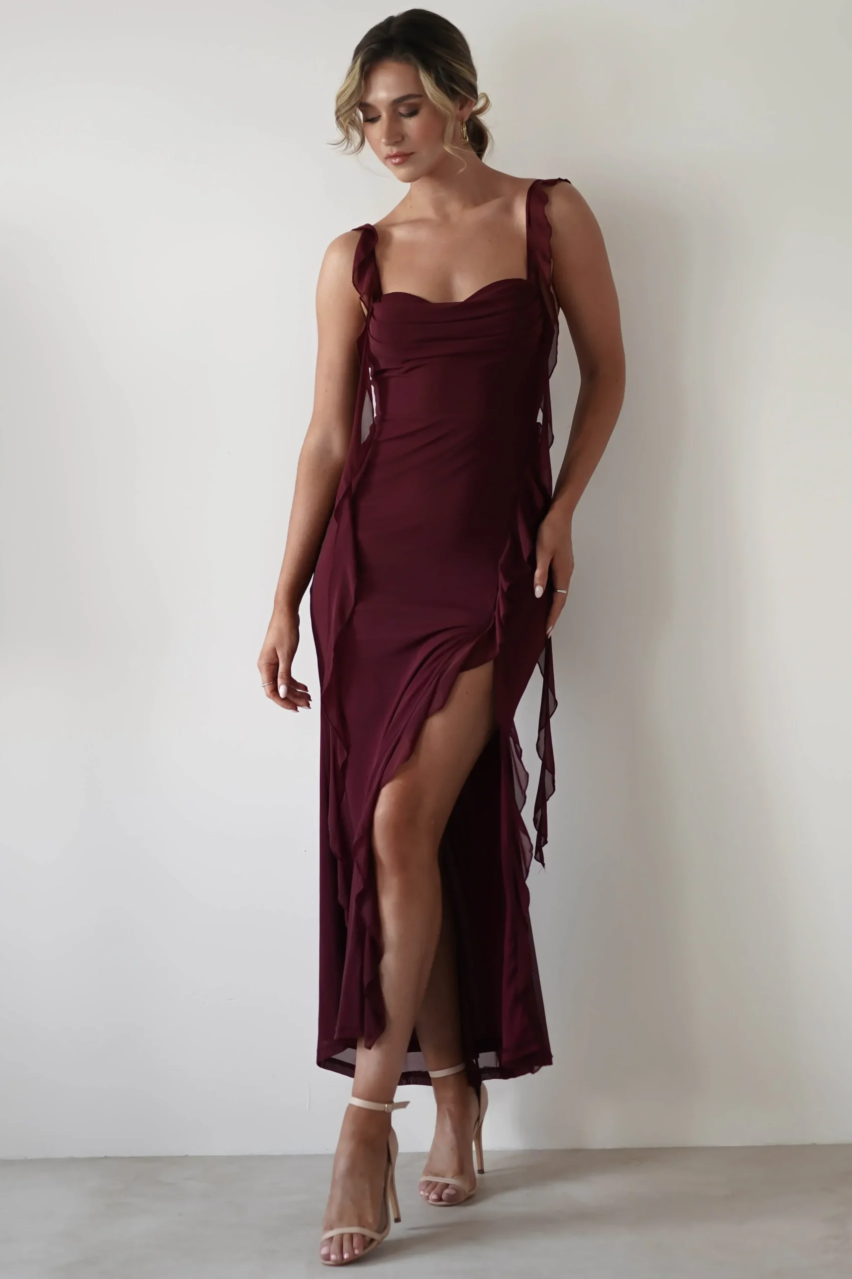 Fashion Mhissa Ruffle Maxi Dress | Burgundy Lange Kleider|Maxikleider