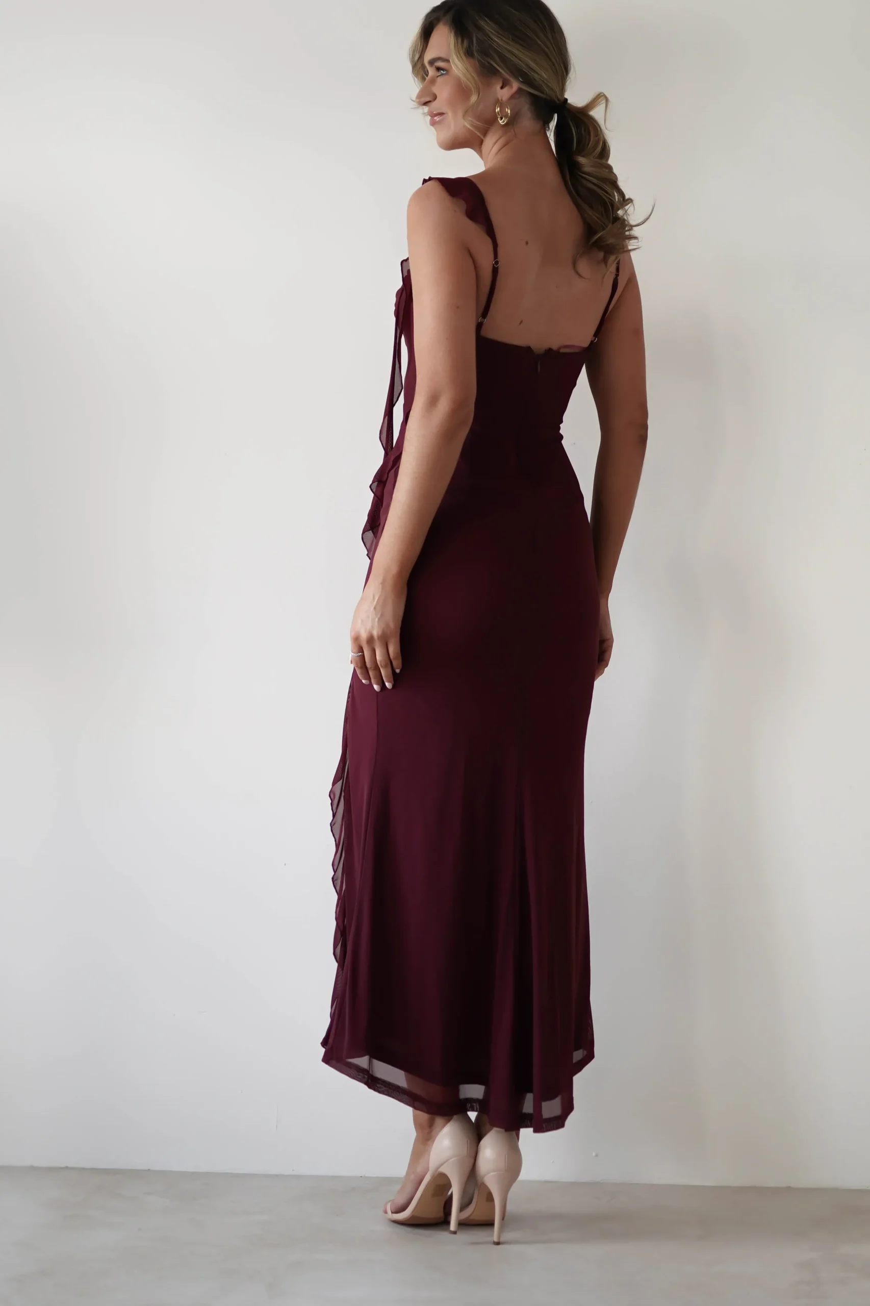 Fashion Mhissa Ruffle Maxi Dress | Burgundy Lange Kleider|Maxikleider
