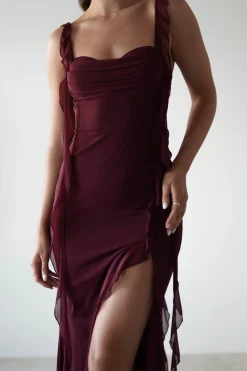 Fashion Mhissa Ruffle Maxi Dress | Burgundy Lange Kleider|Maxikleider