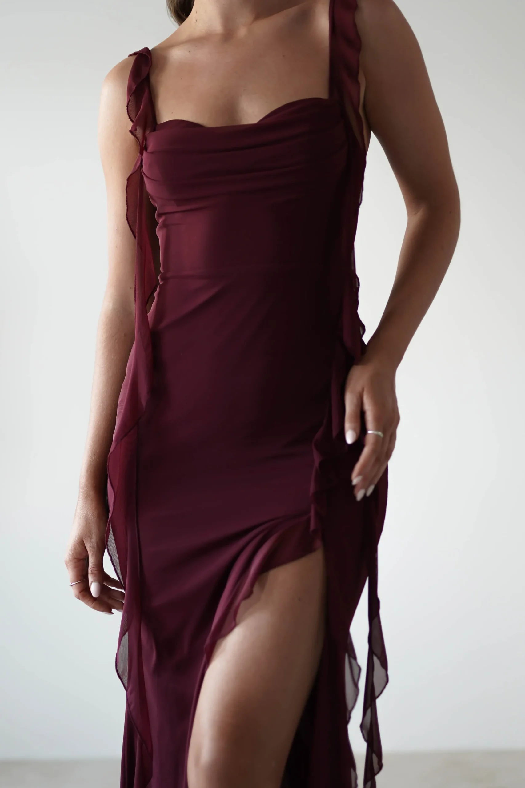 Fashion Mhissa Ruffle Maxi Dress | Burgundy Lange Kleider|Maxikleider