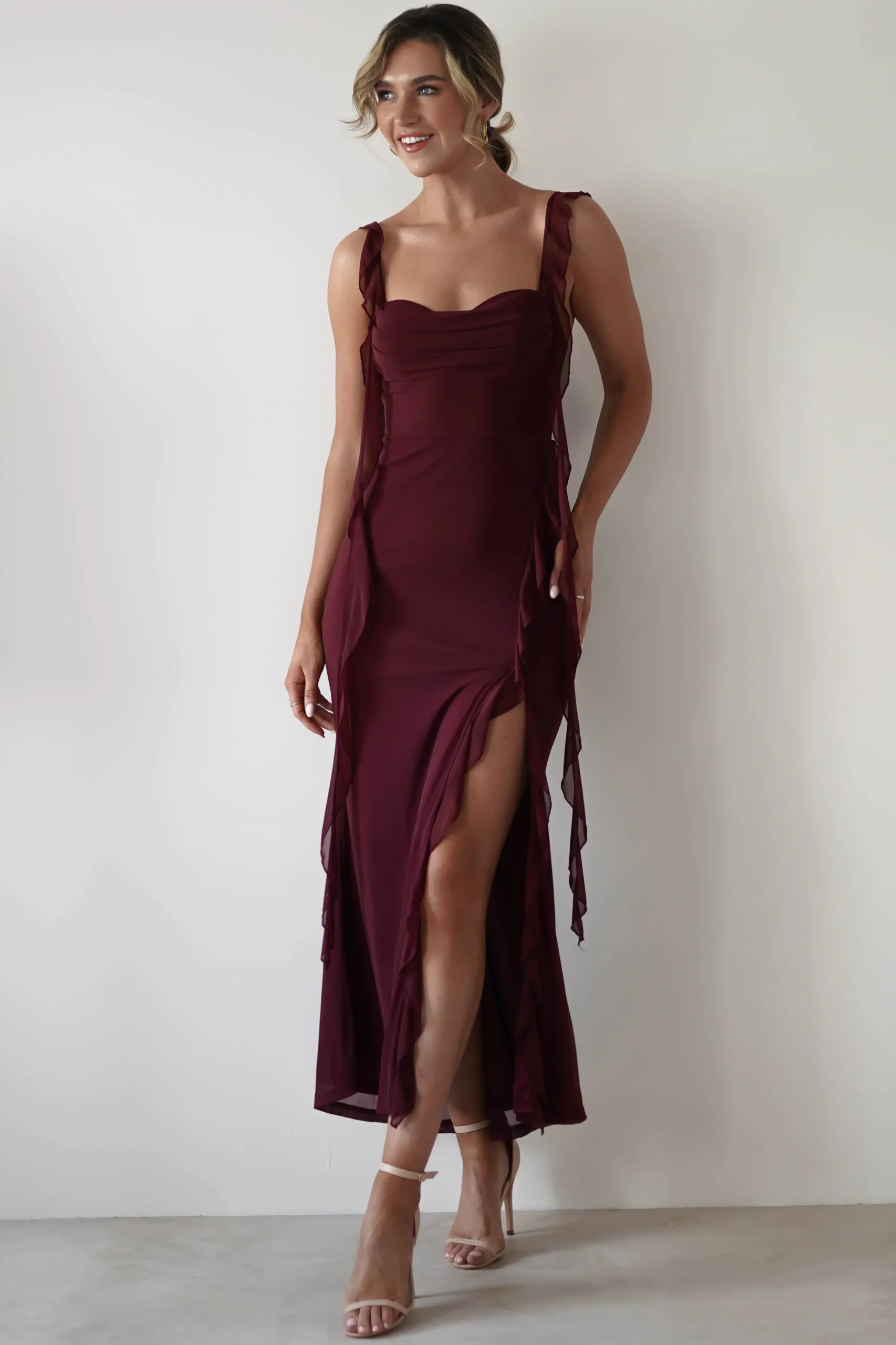 Fashion Mhissa Ruffle Maxi Dress | Burgundy Lange Kleider|Maxikleider